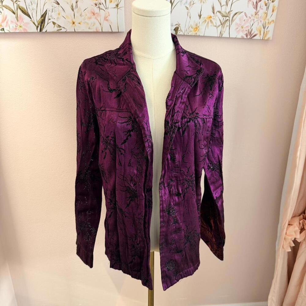 NTouch Purple Satin Shimmer Blouse | Vintage Button Up Top | M
